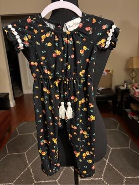 Rare Editions Black Floral Romper with Tassel Waist